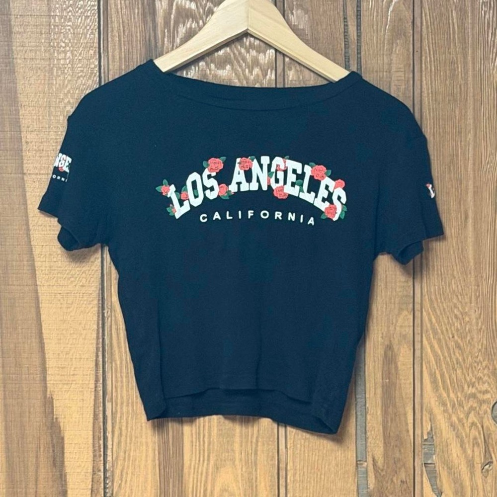 On Fire Los Angeles California cotton crop top with white text and red roses